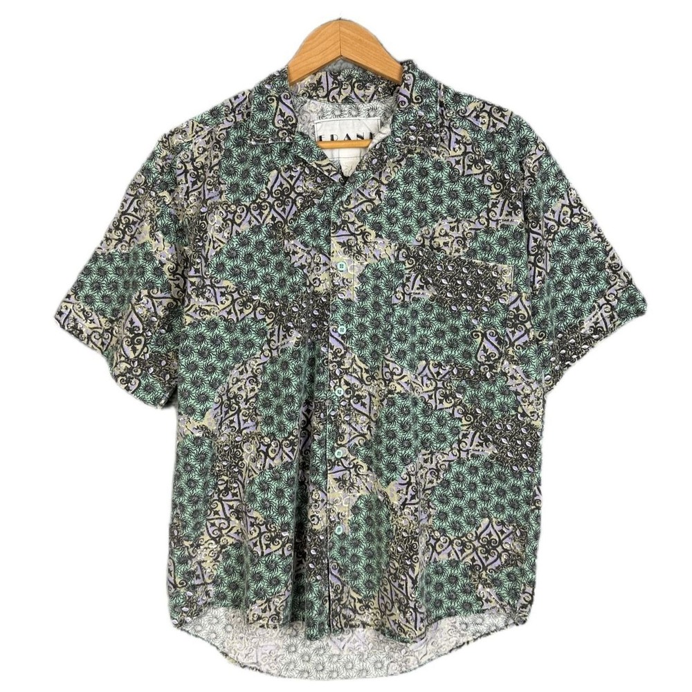 Frank Button Down Shirt Men L Green Purple Psychedelic Sunburst Print Cotton L/S
